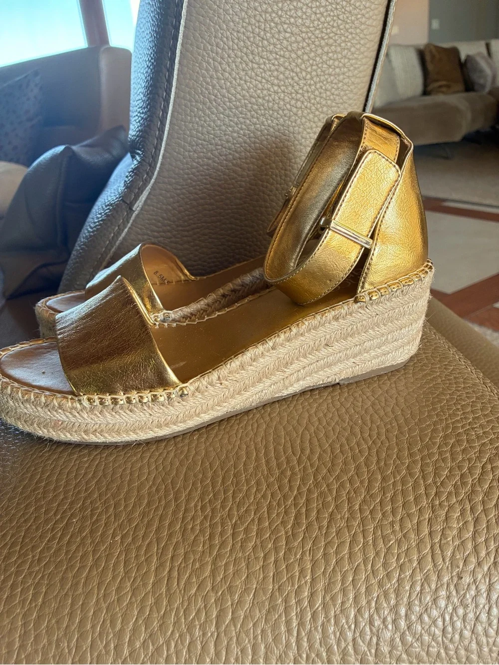 Franco Sarto Metallic Gold Espadrille Wedge Sandals with Ankle Strap